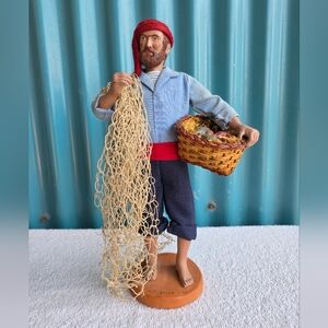 Vintage Handcrafted Fisherman Figurine with Red Hat and Blue Outfit Terra Cotta